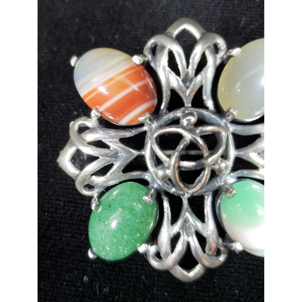 1960s Sterling Silver Celtic Cross Pin Brooch Agate Stones James Coull Scotland